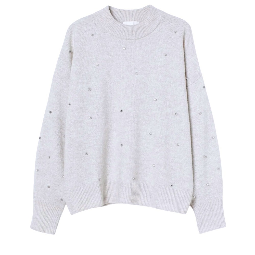H&M Women's XS Knit Sweater Gray Embellished Mock Neck Long Sleeve Pullover